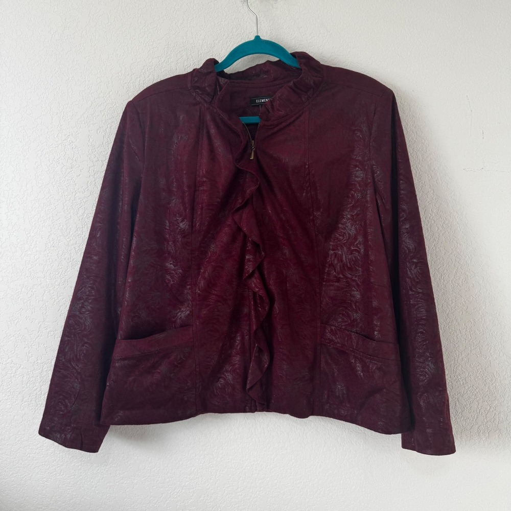Elementz Burgundy Embossed Ruffle‎ Front Zip Jacket Women's XL